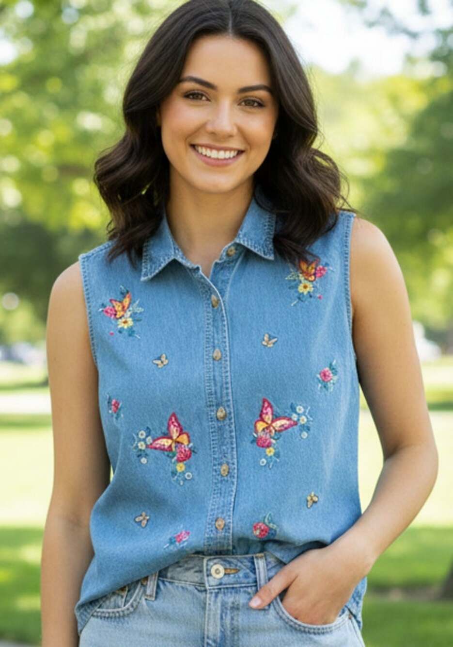 Vintage Cool Blue Denim Jean Vest Embroidered Butterfly Flower Woman Large